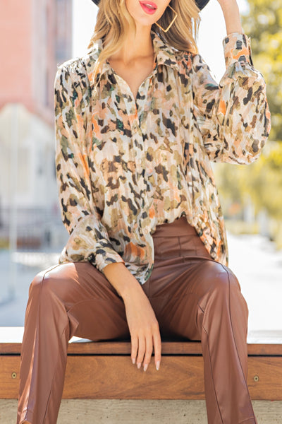 Early Autumn Watercolor Print Button Down Top