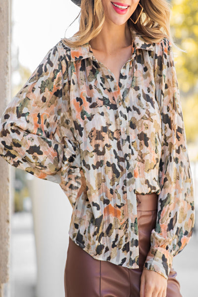 Early Autumn Watercolor Print Button Down Top