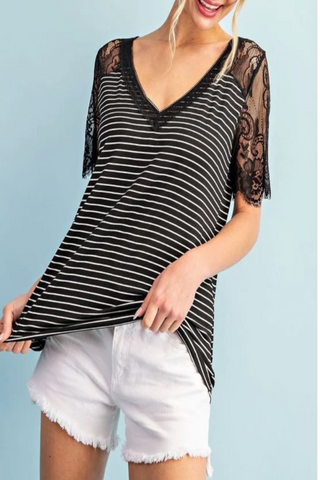 Lace Sleeve Striped Top