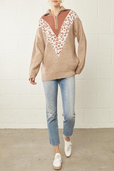 Hold You Close Leopard Print Color Block Zip-Up Sweater
