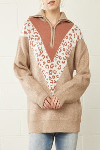 Hold You Close Leopard Print Color Block Zip-Up Sweater