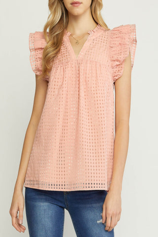 State of Grace Sheer Grid-Print Ruffle Top