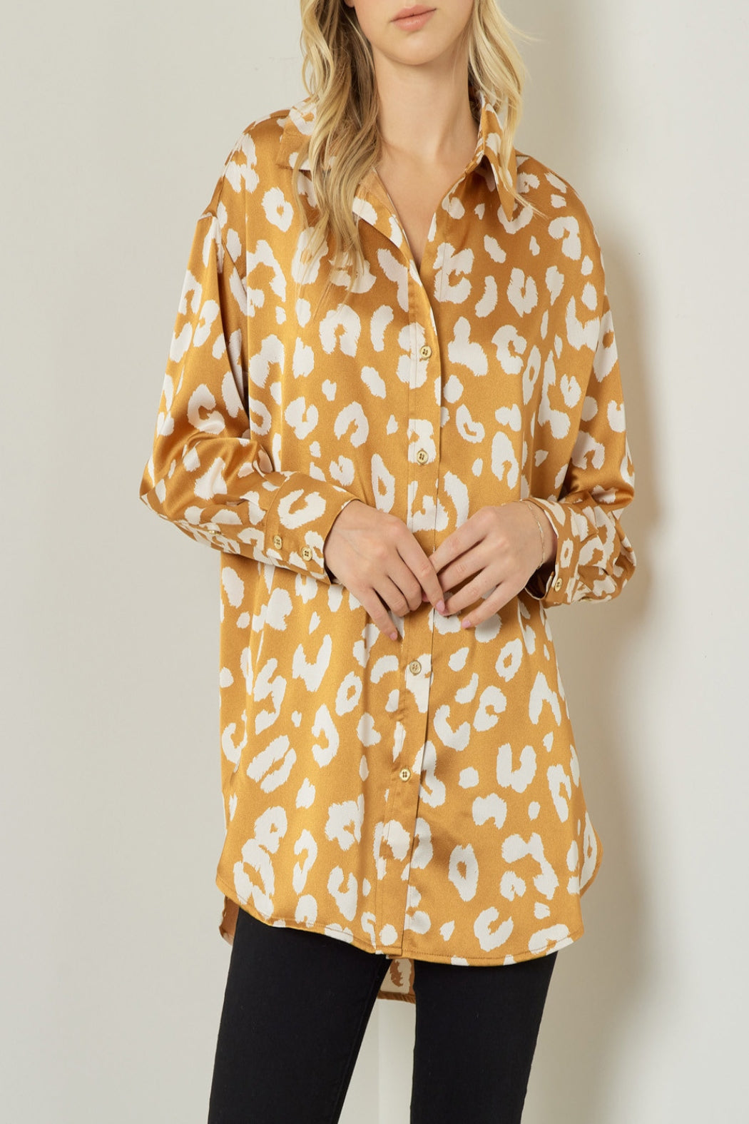 For A Little While Satin Cheetah Print Button Down Blouse