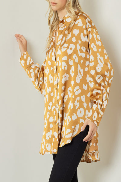 For A Little While Satin Cheetah Print Button Down Blouse