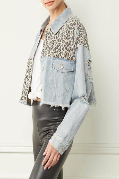 Most Wanted Cropped Leopard Print Denim Jacket