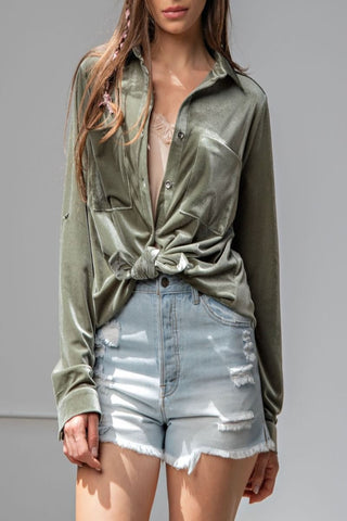 Head And Heart Velvet Button Down Top