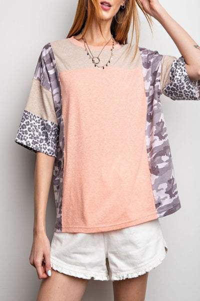 Ready Or Not Leopard And Camouflage Print Color Block Top