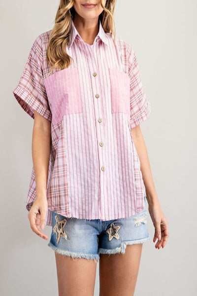 Find A Way Plaid Striped Button Down Top