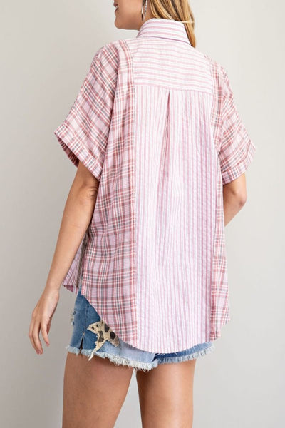 Find A Way Plaid Striped Button Down Top