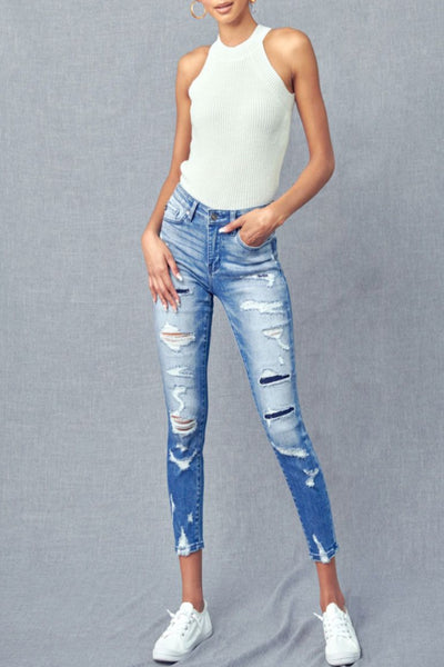James Mid Rise Distressed Ankle Skinny KanCan