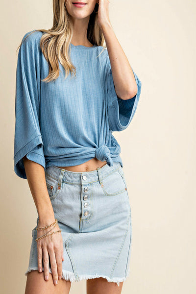 Ribbed Kimono-Sleeve Top